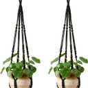 Mkono Macrame Plant Hanger Indoor Hanging Planter Basket with Wood Beads Decorative Flower Pot Holder No Tassels for Indoor Outdoor Boho Home Decor 35 Inch, Black, Set of 2 (POTS NOT Included)
