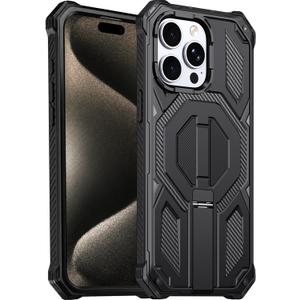 for iPhone 15 Pro Max Magnetic Case with Screen Protectors, Black | Compatible with MagSafe, Concealed Kickstand, 2 Pack Screen Protectors, Military Grade, Double Layer, Shockproof Protection