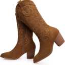 SHIBEVER Cowboy Cowgirl Boots for Women: Wide Calf Western Pointed Toe Chunky Heel Suede Embroidered Mid Calf Boot (9.5, Camel)