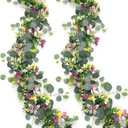 2 Pack 5.68 FT Artificial Daisy Garland with 3D Butterfly, Hanging Fake Flowers Greenery Eucalyptus Garland Floral Vines for Wedding Table Home Room Sping Summer Decor, 2pcs