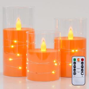 3 x Flameless Flickering 3" x4" 5" 6" Clear Plastic Orange 11-Key Remote Candles with Light Strings, LED Battery Operated Cycle Timer Pack of 3 Candles for Halloween Festival Decor