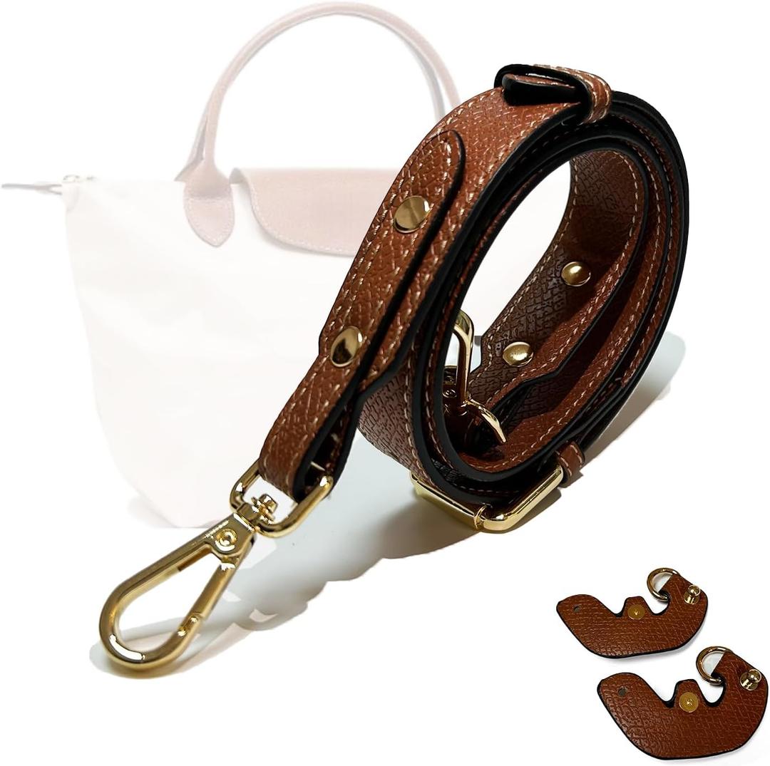 Upgraded Bag Strap Fits Longchamp Small Medium Large Original Bag, Adjustable Leather Strap Conversion Kit for Le Pliage S/M/L Handbag (Brown-Gold)