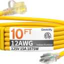 12awg 10 FT Heavy Duty Outdoor Extension Cord Waterproof with Lighted End, 12 Gauge Extension Cord Flexible and Cold Resistant 3 Prong Grounded Plug,Yellow 15Amp 1875W SJTW