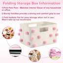 Pink Pom Pom Storage Basket 15 x 10.2 x 9.8 Inch Coquette Collapsible Cotton Canvas Basket Blanket Baskets Toy Storage Bin for Nursery Playroom Home Pink Room Organizer Decor