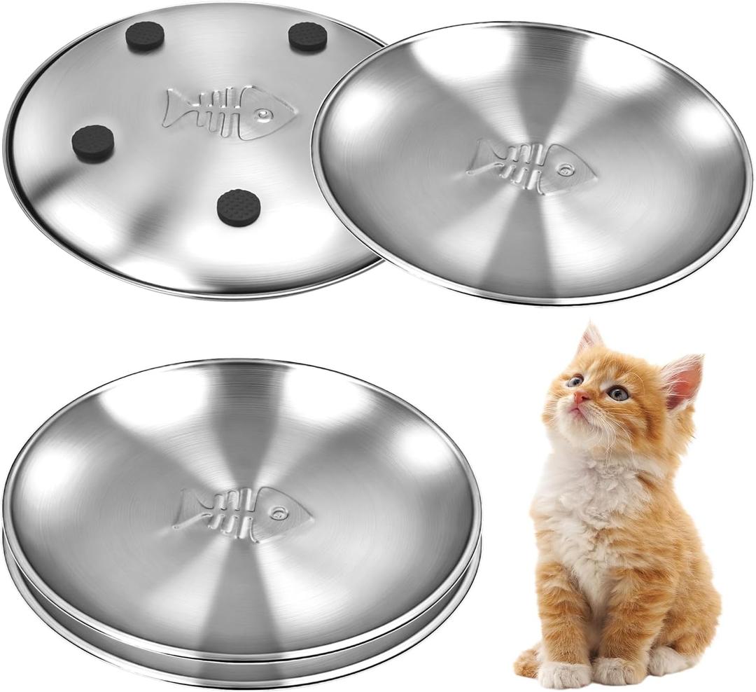 Stainless Steel Cat Dishes with Fishbone Pattern, Metal Cat Food Dishes, 6.7" Wide Whisker Friendly Cats Plates, Cute Plates with Non-Slip Pad for Indoor Cats 4 PCS