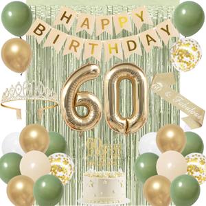 Trgowaul 60th Birthday Decorations for Women, Banner, Sash and Crown, Cake Topper, 60 Number Balloon, Fringe Curtains, Green Gold 60th Birthday Party Supplies