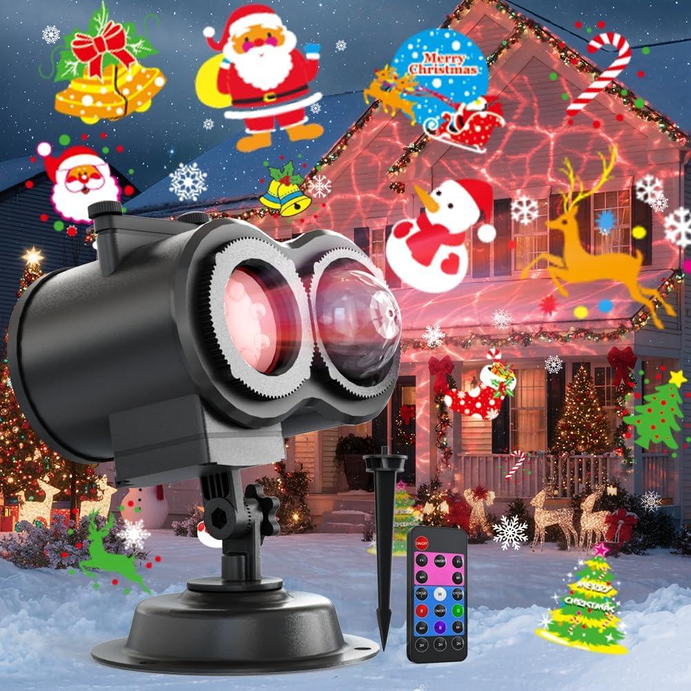 Christmas Projector Lights Outdoor Indoor, 2-in-1 Light Projector Water Wave Effect, Remote Control, 180 Rotation, 16 Dynamic Patterns & 4 Colors for Yard, House, Holiday Decor