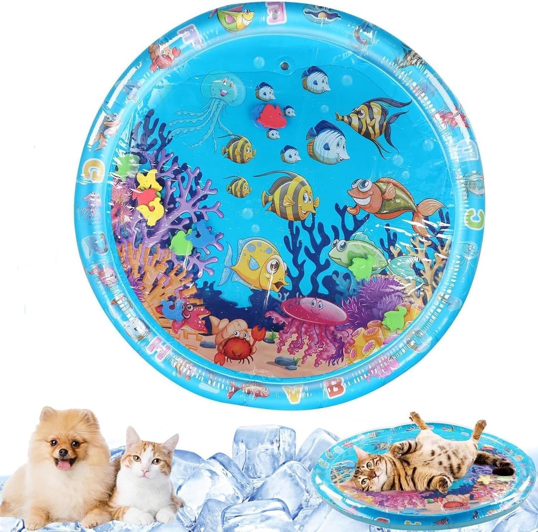 Cat Water Mats, Cat Cooling Pad, Cat Water Bed Play Mat, New Thickened Water Sensory Play Mat for Cats Dog, Ocean-Themed Round Sensory, Non-Slip Playmat, Floating Fish for Kitten Cats(39.4x39.4 in)