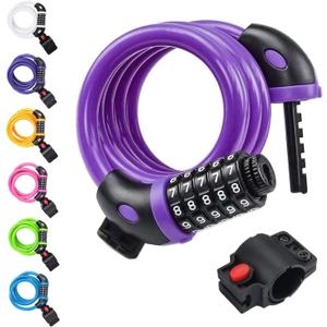 NDakter Bike Lock, 4/5.6 Feet Bicycle Cable, High Security 5 Digit Resettable Combination Coiling Bicycle Lock, Heavy Duty Anti Theft Cable with Mounting Bracket, 1/2 Inch Diameter (12mm) (Purple)