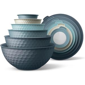 COOK WITH COLOR Mixing Bowls with Lids - 12 Piece Plastic Nesting Bowls Set includes 6 Prep Bowls and 6 Lids, Microwave Safe Mixing Bowl Set, Blue Embossed