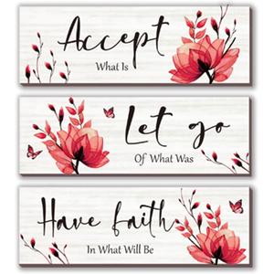 3 Pcs Red Bathroom Decor Rustic Flower Wall Art Accept Let Go Have Faith Farmhouse Bedroom Wall Decor Wooden Inspirational Quotes Decorations for Living Room Bathroom Bedroom(Red, 12 x 4 Inches)