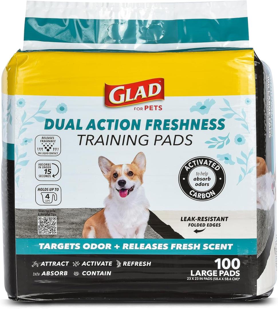 Glad for Pets Dual Action Freshness Activated Carbon Puppy Pads, Fragrance Release, Scented Odor Control, 6-Layer Leak-Proof, Pheromone Attractant, 23 x 23 Inch, 100 Count