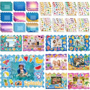 Ctosree 54 Packs Summer Picture Frames Craft Kit DIY Photo Frame Craft with Stickers Summer Cardboard Photo Frame Craft Under The Sea Craft Kits Game Activities Beach Pool Party Favors