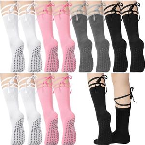 2 x Ramede 8 Pairs Ballet Tie Non-slip Socks for Women Pilates Yoga Non-slip Colorful Tie Cotton Crew Socks for Barre Ballet Pilates Yoga Dancing
