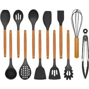 Kitchen Utensils Set - 12 Pcs Silicone Cooking Utensils Set with Wooden Handle - Heat Resistant Non-Stick BPA Free Spatula Set,Turner, Spoon, Brush, Silicone Kitchen Gadgets Utensil Set (Black)
