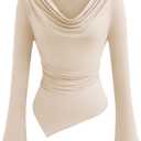 PRETTYGARDEN Womens Bell Long Sleeve Shirts Casual Cowl Neck Asymmetrical Slim Fit Crop Tops Y2K Going Out Spring Clothes (Beige,M) (Beige, M)
