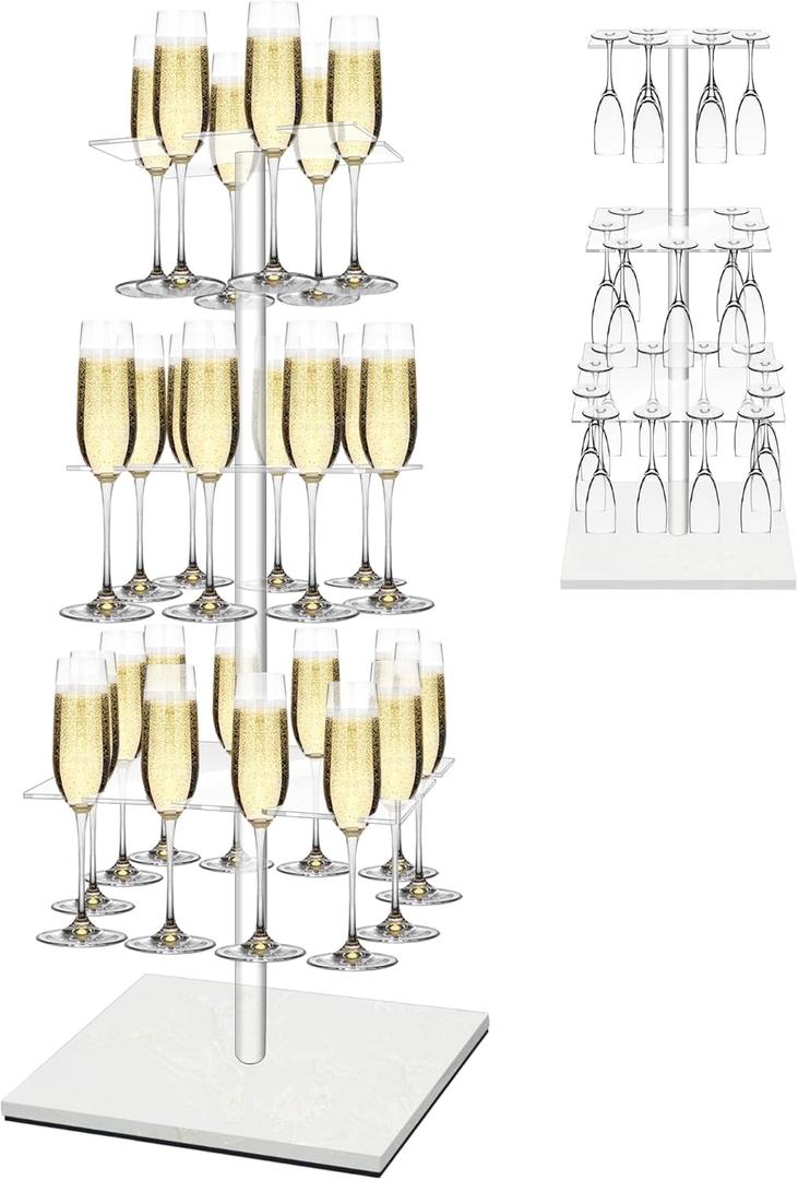 Champagne Tower with Marble Base,26 Slots Champagne Display Rack Designed for Serving and Drying,3-Tier Cocktail Tree Stand for Drinks,Rectangular Champagne Stand Holder for Wedding and Party(White)