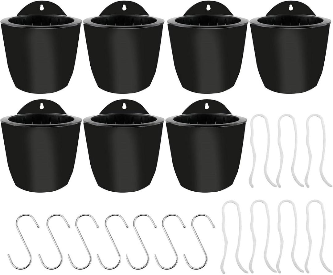 7Pack Self-Watering Plant Flower Pot Wall Hanging Plastic Planters Size 7 inch with 7 Hooks Fit for Plants Flowers Indoor Outdoors,Black
