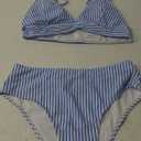 Verdusa Women's Striped High Waist Bikini Sets Swimsuit 2 Piece Bathing Suits (Blue and White)