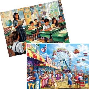 2-Pack 300 Pieces Puzzles for Adults, Nostalgic Classroom Scene Puzzles 300 Pieces Seaside Amusement Park Jigsaw Puzzles for Adults, Birthday Party for Family Kids, Game Nights Gifts