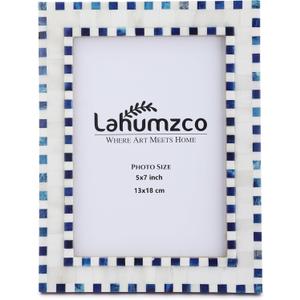 Bone Picture Photo Frame Checkered Pattern Beading Art Inspired Vintage Table-Top/Wall Dcor Handmade Frames (5x7 Inches, Blue,White)