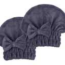 Microfiber Hair Drying Towels Head wrap 2-Pack with Bow-Knot Shower Cap Hair Turban hairWrap Bath Cap for Curly Long & Wet Hair Gift for Women (Dark Grey X2)