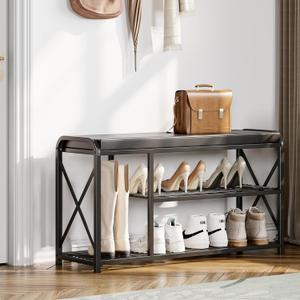 Homeiju Entryway Bench,3 Tier Shoe Bench with Padded Seat & Metal Frame,35.4Shoe Storage Bench Shoe Organizer for Entryway Foyer Hallway Bedroom Bathroom,Black
