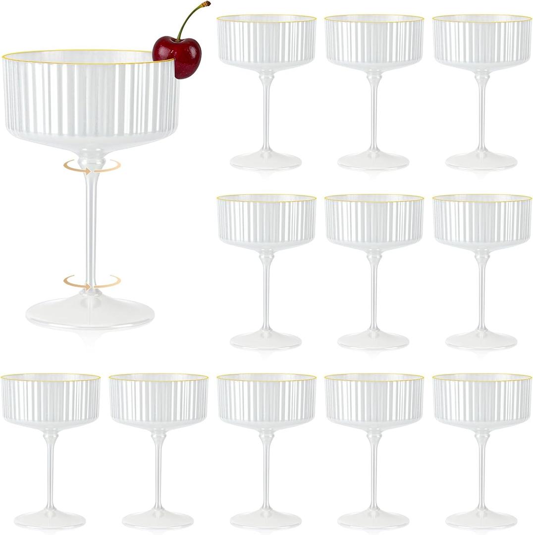 XUWAIDSGN 12 PCS Champagne Martini Glasses Pearl White 10 oz Espresso Martini Glasses Gold Rim Acrylic Ribbed Coupe Glasses Vintage Cocktail Glass Champagne Coupe Cup For Wedding Anniversary