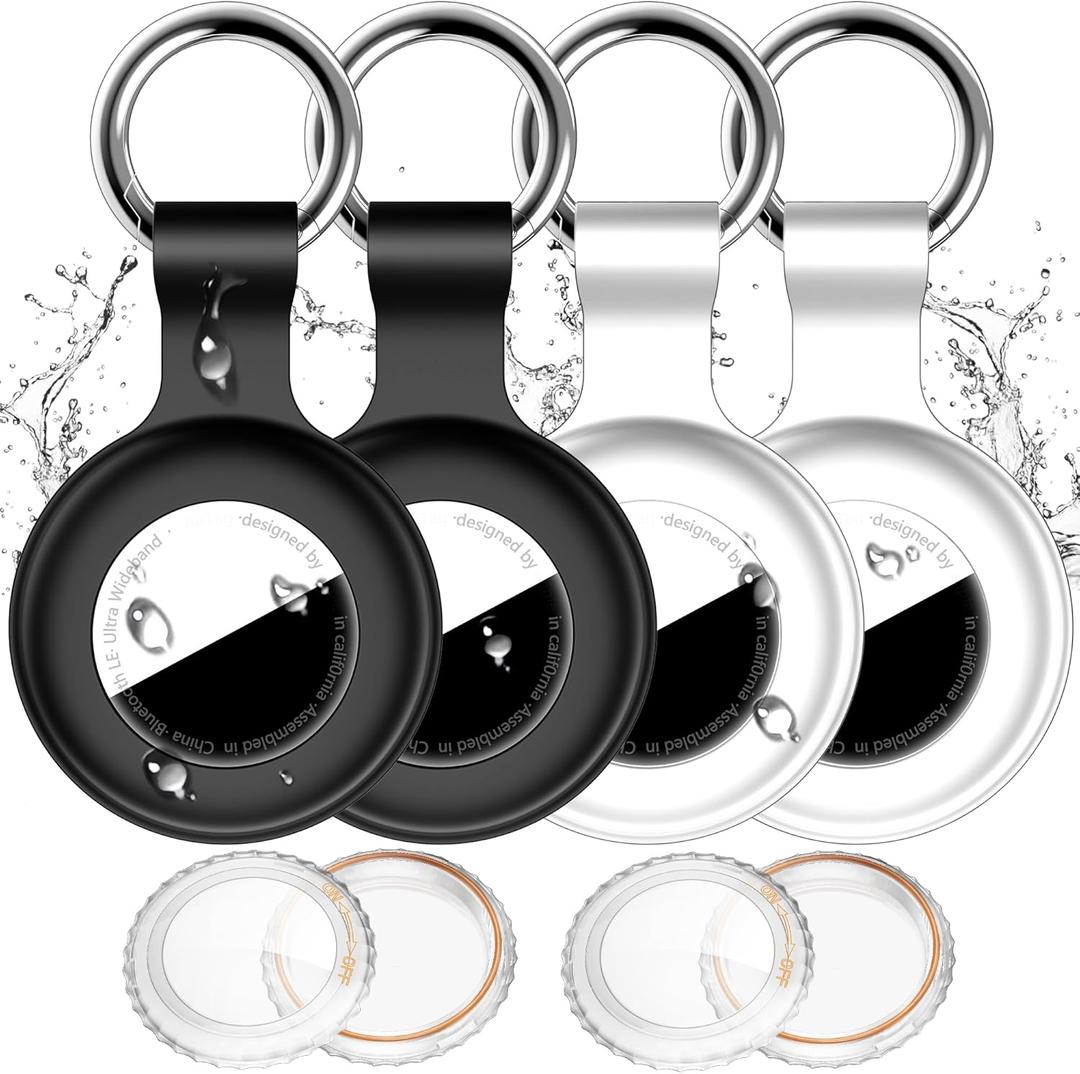 2 x 4 Pack Compatible with Apple Airtag Holder with Keychain,IPX8 Waterproof GPS Cover for Air-Tags Shockproof [Anti-Scratch] Item Finders Case for Pets,Kids,Luggage-Black+White