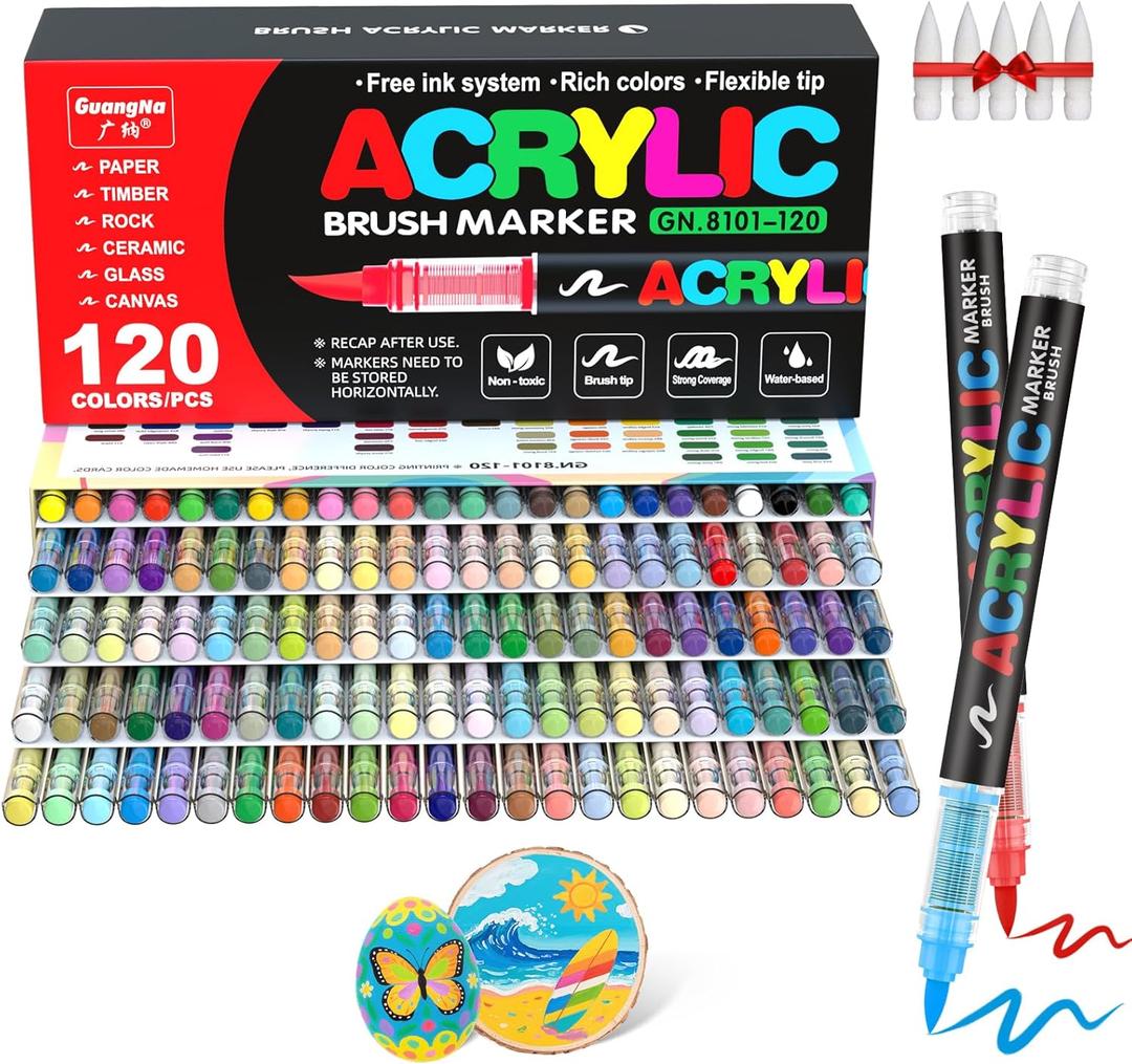 Guangna Acrylic Paint Markers Brush Tip, 120 Vivid Colors with Direct-Liquid Ink Control System, Professional-Grade Paint Pen for Rock Painting, Canvas, Glass, Plastic, Fabric & Creative Crafts