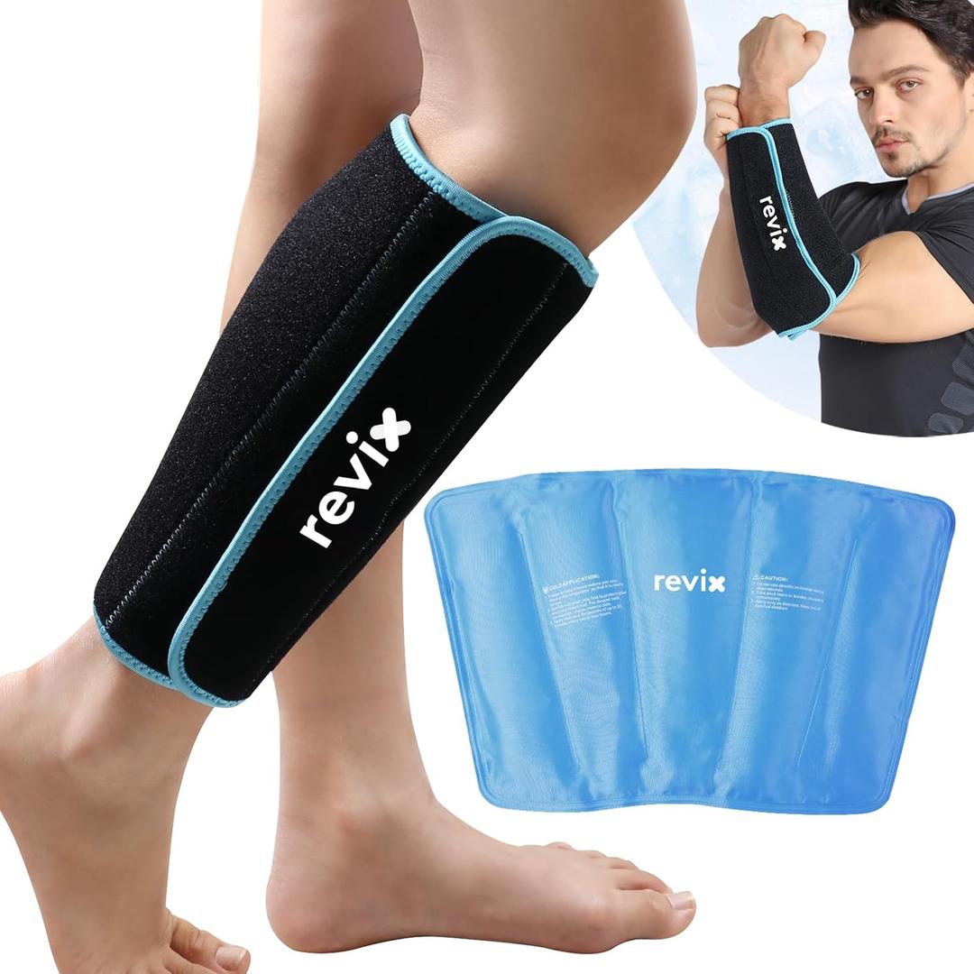 REVIX Shin Ice Pack Reusable Leg Ice Pack Wrap Cold Therapy Compression Sleeve for Calf, Elbow, Arm and Knee Discomfort Recovery and Support, 360 Full Coverage (Black-Regular Size-1 Pack)
