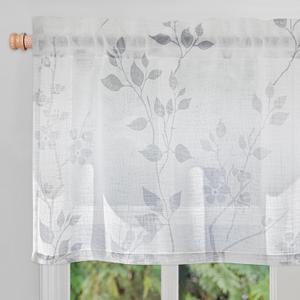Beauoop Linen Floral Valance Curtains for Kitchen Living Room Grey Flower Semi Sheer for Bedroom Cafe Farmhouse Light Filtering Rod Pocket Voile Small Window Treatment Drapes, 50x18, 1 Panel