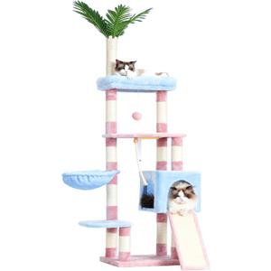 Heybly Cat Tree,Cat Tower for Indoor Cats, 65.4 inches Cat Condo with Perches, Basket, Feeding Bowl Station, Multi-Level Plush Furniture with Scratching Posts, Blue and Pink HCT015BP