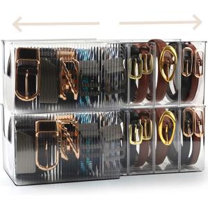 Clear Belt Organizer Extendable, 2 Pack Acrylic Belt Storage Holder with Adjustable Dividers, Belts Storage Container for Drawer and Closet Organization