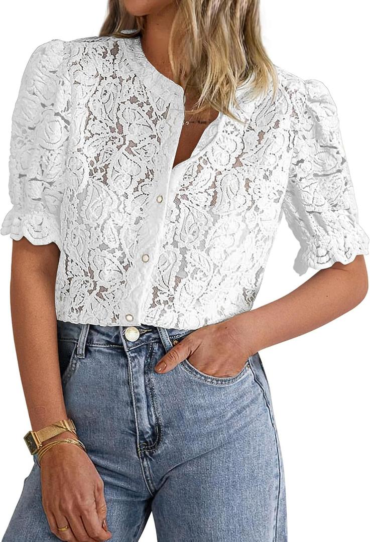 PRETTYGARDEN Womens 2026 Spring Lace Tops Short Puff Sleeve Casual Dressy Blouses Eyelet Crew Neck Button Down Shirts (White, M)