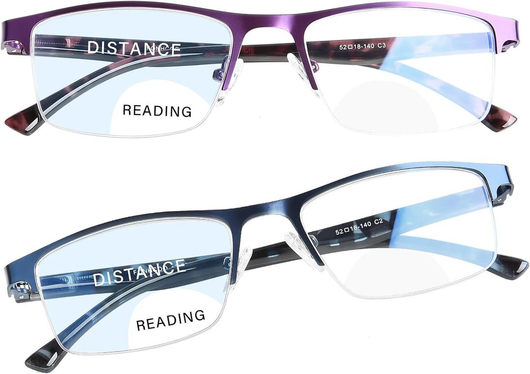 FONHCOO Bifocal Reading Glasses for Women Men, Metal Half Frame Blue Light Blocking Readers