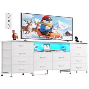 WLIVE White Dresser for Bedroom, Dresser TV Stand for 65, 70, 75 inch TV with Led Lights & Charging Station, Fabric Chest of Drawers with Open Shelves, 12 Drawer Dressers for Closet, Living Room