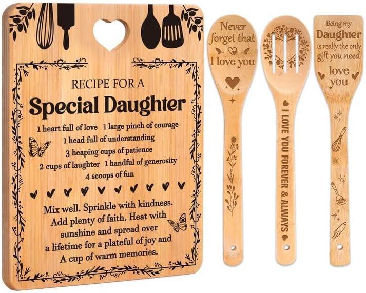 Gifts for Daughter - "Recipe for a Special Daughter" Daughter Birthday Gifts Cutting Board Set, Bamboo-Made Engraved Utensil Set Birthday Gifts for Daughter, Daughter Gifts