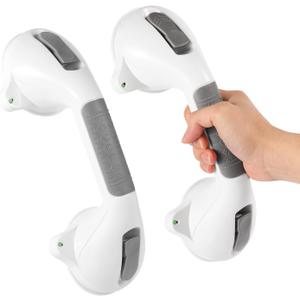 Suction Grab Bar with Safety Indicator for Bathtub Shower Bathroom, Heavy Duty Handrail Removable Reusable for Elderly Disabled and Kids, Anti-Slip Grip, No Drilling Tool Free, Waterproof Grey
