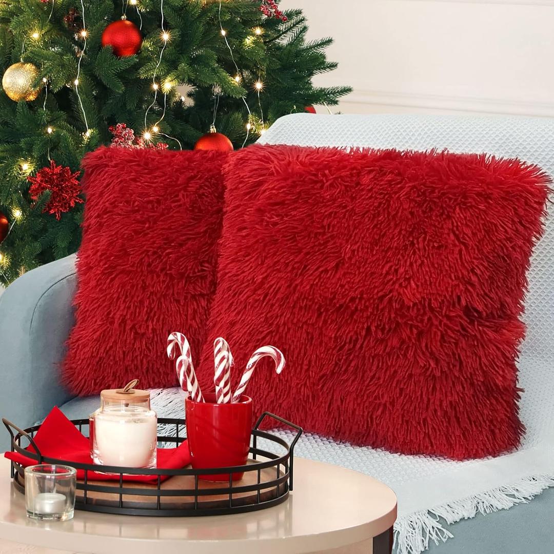 BBiggood Red Throw Pillow Cover, Pack of 2 Luxury Soft Faux Fur Decorative Throw Pillows, Red Room Decor for Christmas, 18 x 18 Inch