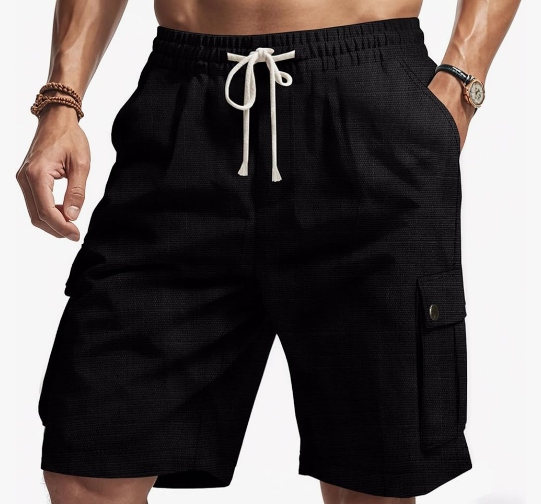 TRFIC Men's Casual Linen Cargo Shorts with Drawstring Waist & 5 Pockets, Black TRFIC Men's Casual Linen Cargo Shorts with Drawstring Waist & 5 Pockets, Black