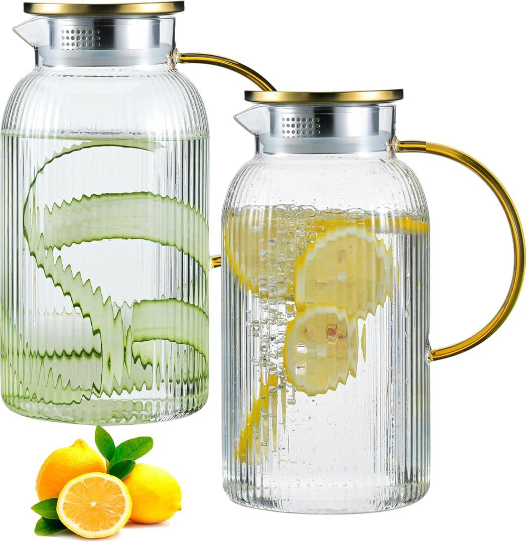 2 PACK Glass Pitcher with Lid and Handle,68 oz/ 2 Liter Vertical Stripes Water Pitcher,Glass Water Carafe for Fridge,Hand Blown Heat Resistant Borosilicate Water Jug for Hot/Cold Drinks,Gifts for Mom