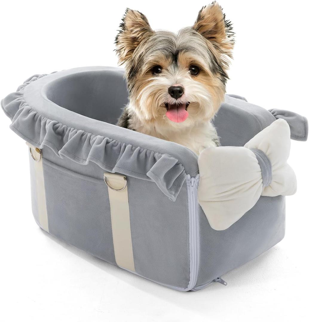 Jaoul Dog Car Seat for Small Dogs - Fully Detachable with Adjustable Straps Center Console Dog Booster Seat - Comfortable Bow Design Pet Car Seats - Portable Pet Booster Seat for Puppy, Cat (Gray)