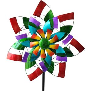 24" Dia Large Wind Spinner, Colorful Metal Wind Sculptures 83.5" Height Heavy Kinetic Windmill with 5 Prong Stake for Outdoor Patio, Yard and Garden, Ideal Gift for Family Friend (Colorful-triple Blades)