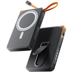 for Magsafe Portable Charger, 3-in-1 Magnetic Power Bank with Stand, 10000mAh Wireless Battery Pack Fast Charging with Built in Cable(USB C), Powerbank for iPhone17/16/15/14/13 Travel & Daily, Black