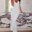 YFANG Women's Sexy Ruffle Hem Halter Deep V Neck Ruched Sleeveless Mesh Bodycon Cocktail Party Maxi Dress (White, M)