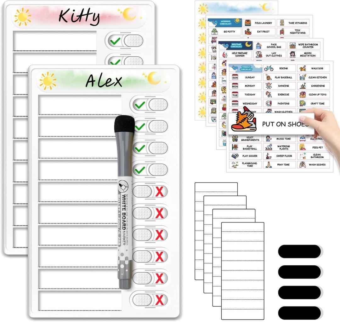 Upgraded Slider Dry Erase Chore Chart for Kids, Whiteboard Magnetic Chore Chart for 2 Kids, Reusable Morning/Bedtime Routine Chart for Kid Toddlers Teens Adult, Visual Schedule for Kid with Autism