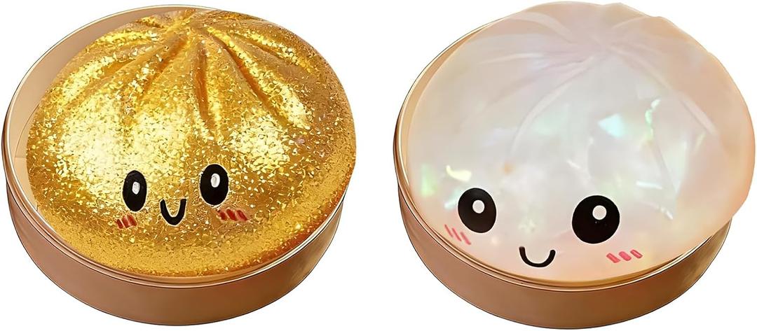 Flashing Dumplings,Soft and Cute Flashing Dumpling Toy,Dumpling Stress-Relieving Ball,Stretchy Desk Toys,Colorful Dumplings Stress Balls Fidget Sensory Toy with Food Steamer (White+Gold)