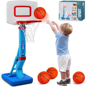 Toddler Basketball Hoop Indoor Outdoor - Height Adjustable 27.6-54 Inches (5 Slots), Kids Basketball Hoop with 4 Inflatable Balls & Pump, Safe Toddler Toys for 1-6 Year Old Boys Girls (Blue)