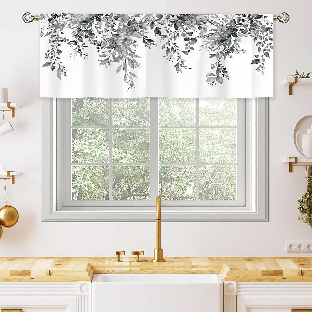 Grey Eucalyptus Botanical Leaves Valances Kitchen Curtains Watercolor Flower Floral Window Drapes Plant Botanical Bedroom Bathroom Living Room Treatment Tier Fabric 1 Panel 52Wx18H Inch